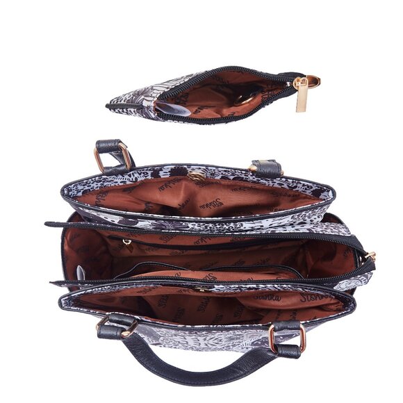 Black and White Printed Fabric Satchel Bag & Coin Pouch Set Combo for Women - Picture 3 of 5